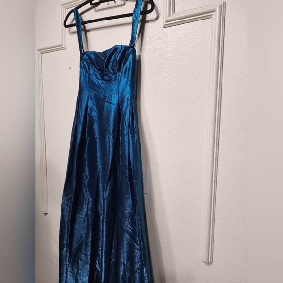Lulus Immaculate Aura Shiny Dark Teal Taffeta Maxi Dress With Pockets S Wedding - Picture 8 of 11